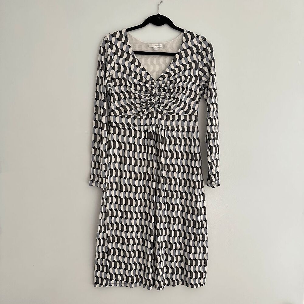 Boden Geometric Print Ruched Long-Sleeve Sheath Dress Size 8 Long